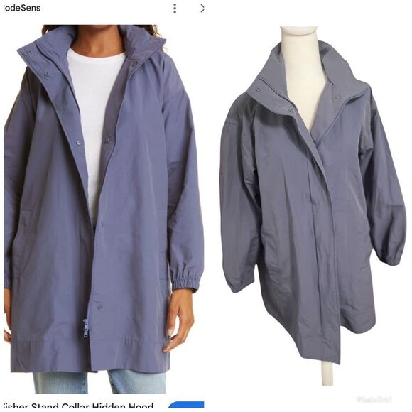 Eileen Fisher Stand Collar Hidden Hood Organic Cotton Blend Coat In Twilight Xs - Picture 1 of 14